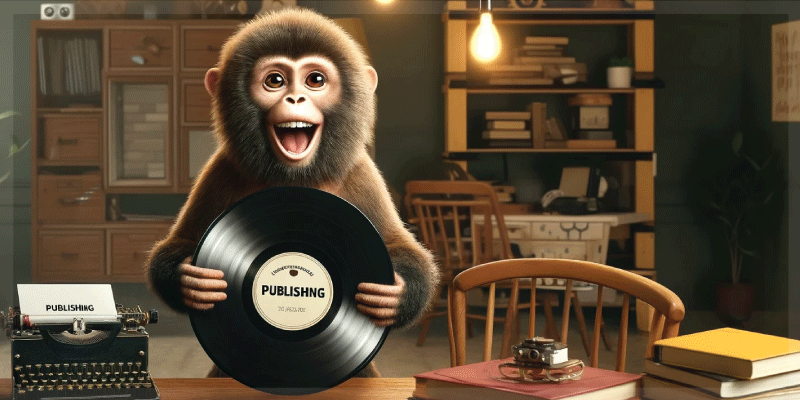 Monkey holding vinyl record, ready to publish